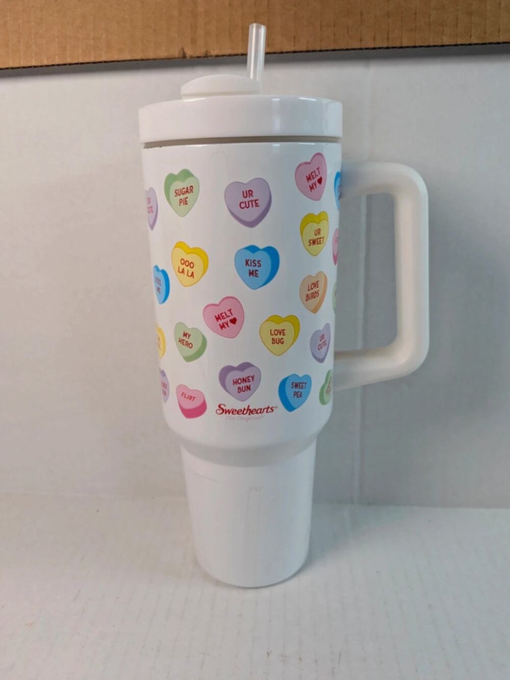 Sweethearts 40oz Tumbler Cup Conversation Hearts Handle Straw Valentine’s Day